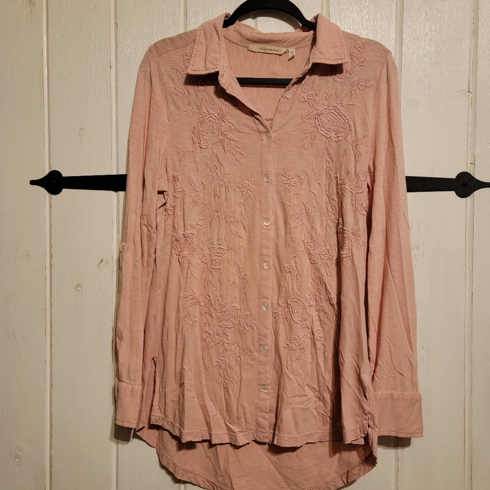 Soft Surroundings Womens Shirt Pink Embroidered Button-Up Boho Size Medium